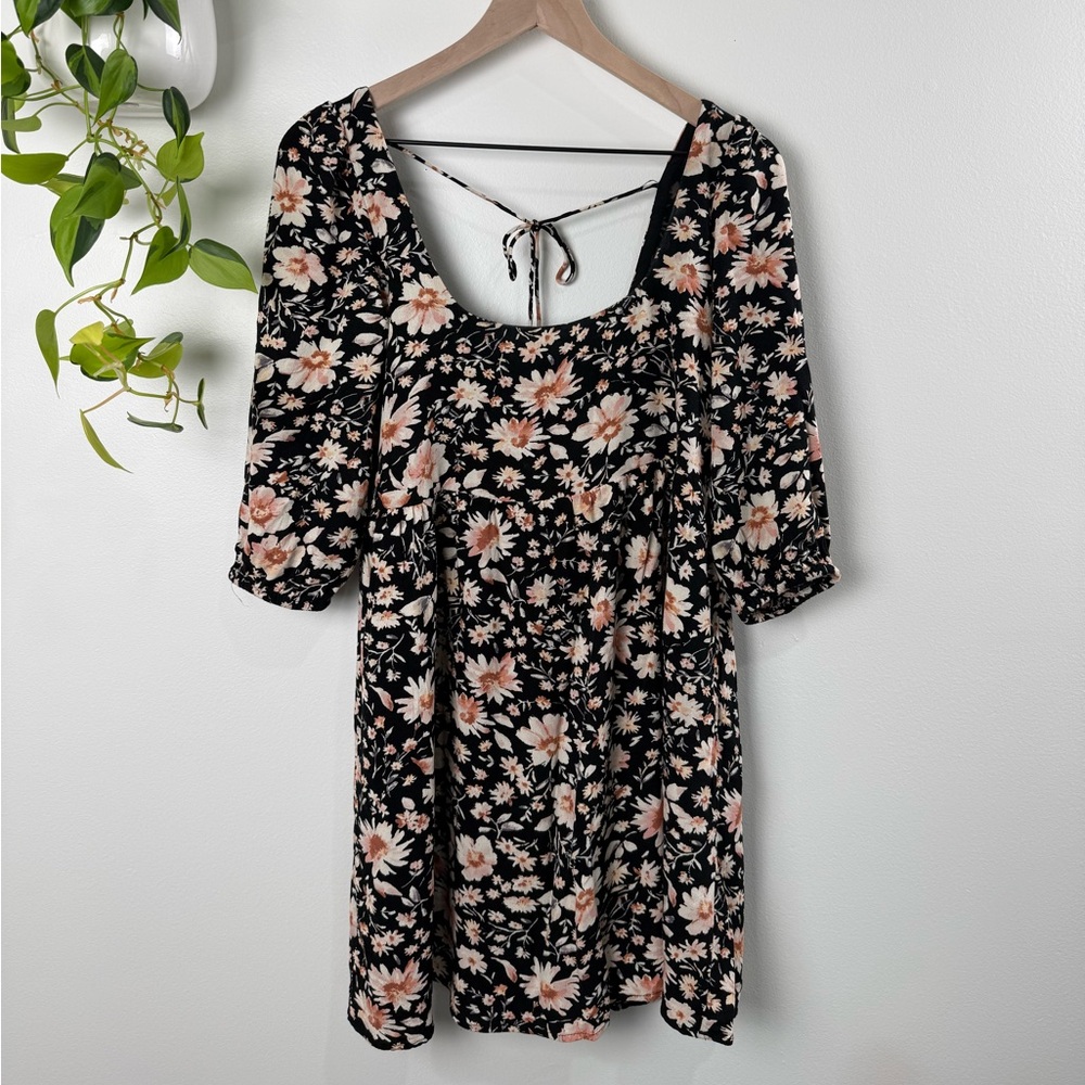 American Eagle Floral Mini Dress Black Pink Boho Scoop Neck Tie‎ Back Size S